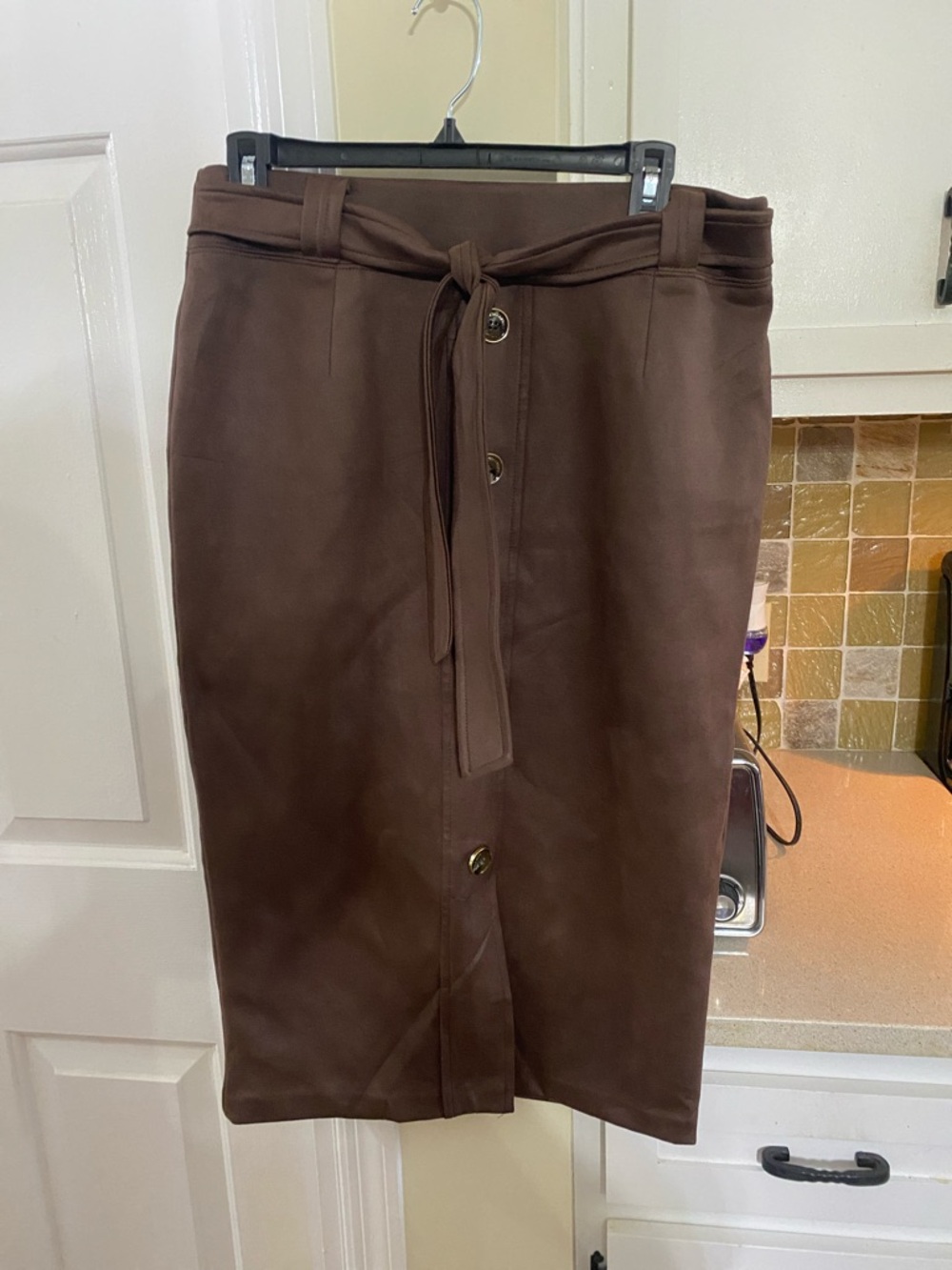 Brown Button-Front Pencil Skirt with Self Tie Belt